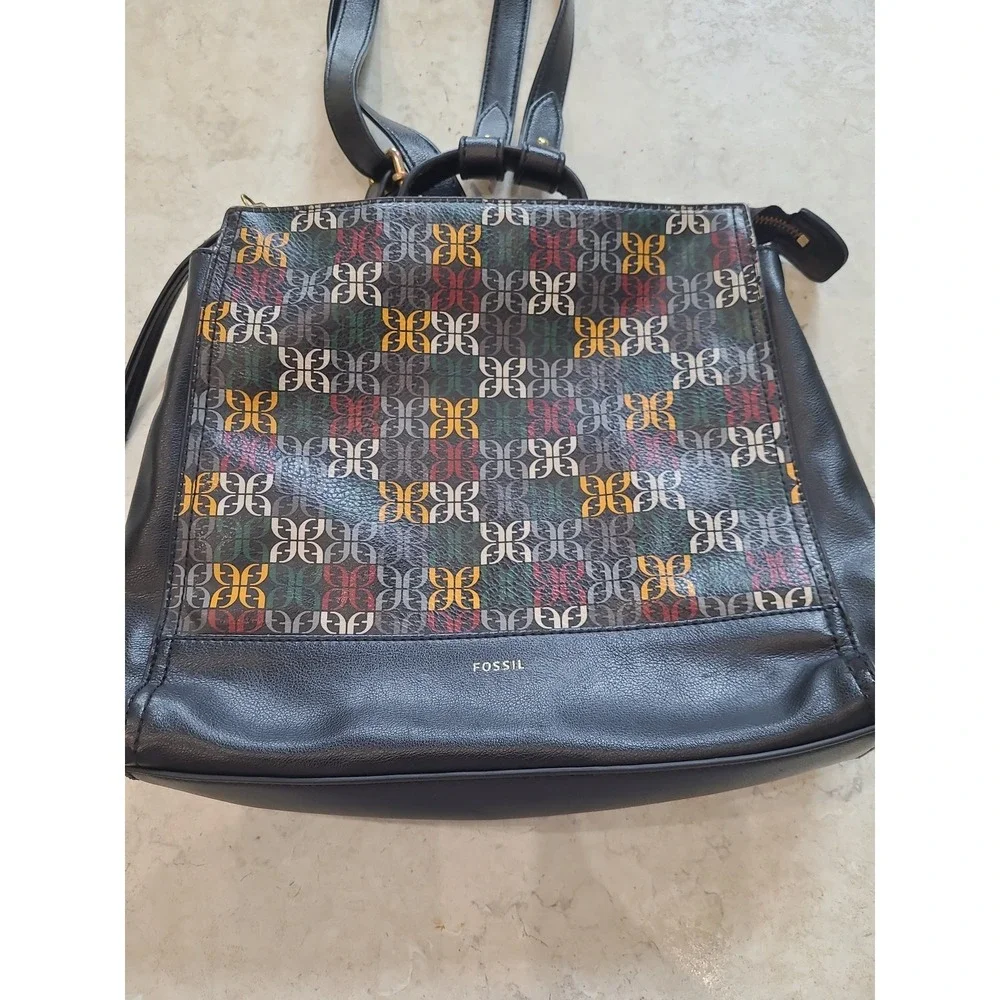 Fossil Elina Convertible Small Backpack black multicolor logo‎ print.
